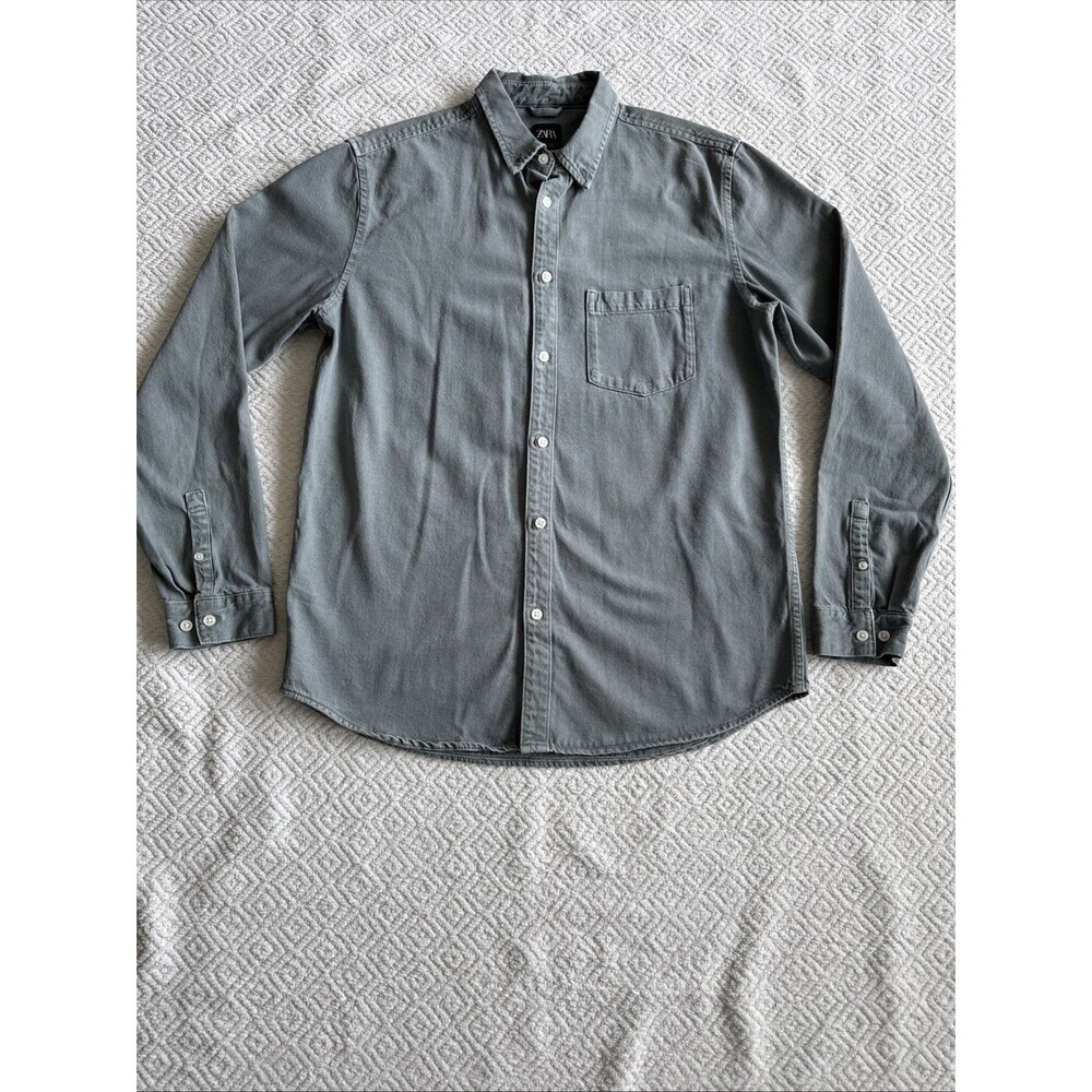 Zara Denim Shirt Mens Light Green Button Down Long Sleeve Sz L